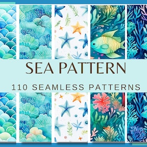 Op de afbeelding: Een verzameling van 110 naadloze aquarelpatronen met verschillende zeedieren, waaronder zeesterren, koraal, vissen en schelpen. De patronen zijn in tinten blauw, groen en roze.