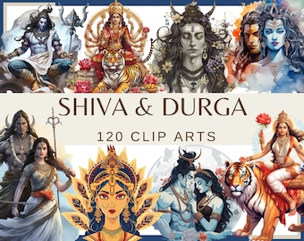 May include: A digital collage of colorful illustrations featuring Hindu deities Shiva and Durga. The image includes multiple depictions of the deities in various poses and settings, including Shiva with his trident and Durga riding a tiger. The text "SHIVA & DURGA 120 CLIP ARTS" is displayed in the center of the image.