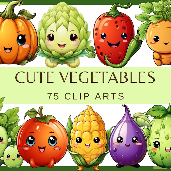 CUTE KAWAII VEGETABLE - 75 clip arts (300 dpi, Transparent background, bundle, digital, png, pumpkin, cucumber, tomato, eggplant, artishok)