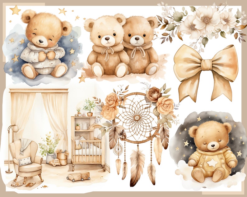 Ours en peluche beige 100 cliparts, baby shower pour nouveau-nés, décoration de chambre d'enfant, bébé garçon, petite fille, ours en peluche beige image 4