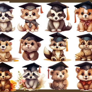 May include: A collection of twelve adorable cartoon animals, including raccoons, foxes, and bears, each wearing a black graduation cap with a tassel. The animals are depicted in a cute, friendly style, perfect for children's products or educational materials.