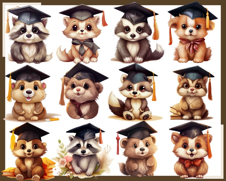 May include: A collection of twelve adorable cartoon animals, including raccoons, foxes, and bears, each wearing a black graduation cap with a tassel. The animals are depicted in a cute, friendly style, perfect for children's products or educational materials.
