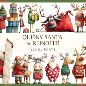 May include: A digital illustration featuring a collection of quirky Santa Claus and reindeer characters. The image includes various Santas in red coats and reindeer with gifts, along with the text "QUIRKY SANTA & REINDEER" and "110 CLIPARTS".