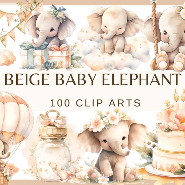 BEIGE BABY ELEPHANT - 100 imágenes prediseñadas de acuarela (Png 300 dpi uso comercial, Baby shower para decoración de guardería para bebés, fiesta de cumpleaños de niños y niñas)