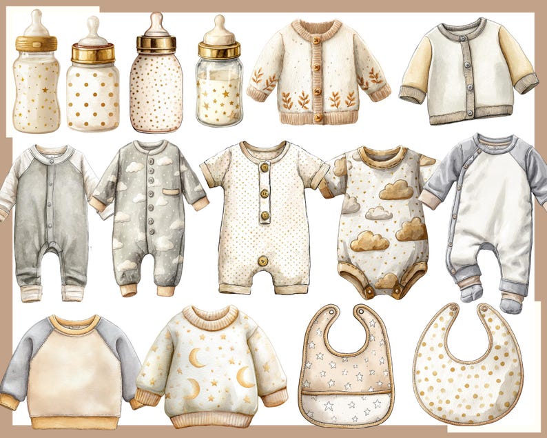 Op de afbeelding: Waterverfillustratie van babyartikelen, waaronder flessen, rompertjes, slabbetjes en truien. De kleding heeft zachte kleuren, patronen en ontwerpen zoals wolken, sterren en manen. De flessen hebben gouden accenten en diverse stip- en sterrenpatronen.