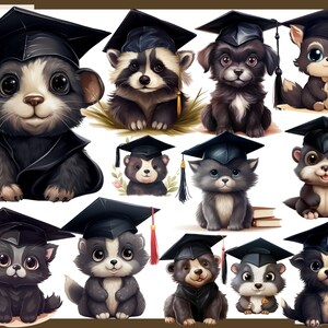 May include: A collection of adorable cartoon animals wearing graduation caps and gowns. The illustrations feature a variety of animals, including a raccoon, dog, cat, and bear, all with big eyes and smiling faces. Each animal is depicted in a cute, cartoon style.