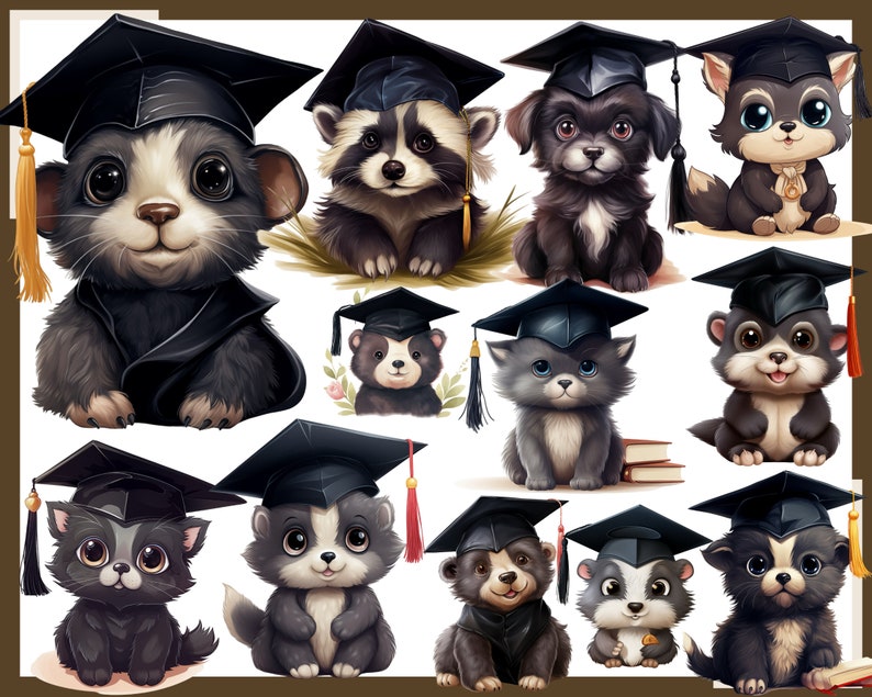 May include: A collection of adorable cartoon animals wearing graduation caps and gowns. The illustrations feature a variety of animals, including a raccoon, dog, cat, and bear, all with big eyes and smiling faces. Each animal is depicted in a cute, cartoon style.