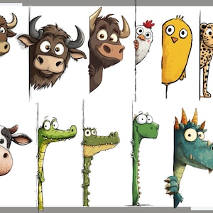 May include: A series of cartoon animal illustrations, including a cow, bull, chicken, chick, leopard, crocodile, and dragon, peeking from behind a vertical line. The animals are in various colours and styles.