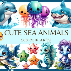 KAWAII SEA ANIMALS -  100 clip arts (300 dpi, Ocean Animals Illustrations, Underwater, Magical Sea, Aquatic Plants, Vivid fish Octopus)