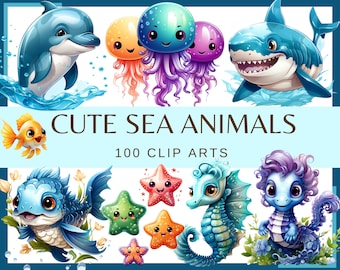 ANIMAUX DE LA MER KAWAII - 100 images clipart (300 dpi, illustrations d'animaux marins, sous-marins, mer magique, plantes aquatiques, poulpe de poisson vif)