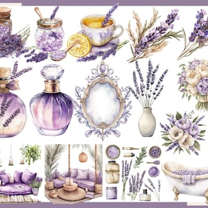 May include: Watercolor illustration featuring lavender-themed items. Includes perfume bottles, a teacup with lemon, a bouquet, a bathtub, and jars filled with lavender. The color palette is primarily purple and white.