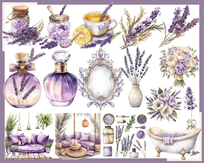 May include: Watercolor illustration featuring lavender-themed items. Includes perfume bottles, a teacup with lemon, a bouquet, a bathtub, and jars filled with lavender. The color palette is primarily purple and white.