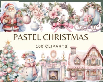 Pastel Christmas: 100 PNG, 300 DPI Clipart Elegant Holiday Festive Santa (Commercial Use, Digital Download)