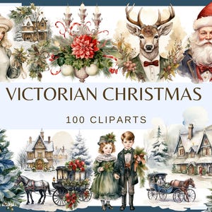 VICTORIAN CHRISTMAS - 100 clip arts (300 dpi, Christmas tree, house, fireplace, decor, fairy, santa claus snowman, digital, png, post card)