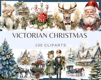 May include: Victorian Christmas clip art set with 100 images. The set includes illustrations of a Christmas tree, a deer, a Santa Claus, a couple, a carriage, and houses. The illustrations are in a watercolor style and feature a blue and white color scheme.