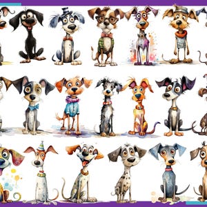 Op de afbeelding: Een verzameling van 20 cartoonhonden in verschillende poses en kleuren. De honden zijn allemaal getekend in een grillige stijl met overdreven kenmerken. Sommige honden dragen hoeden, vlinderdassen en andere accessoires.