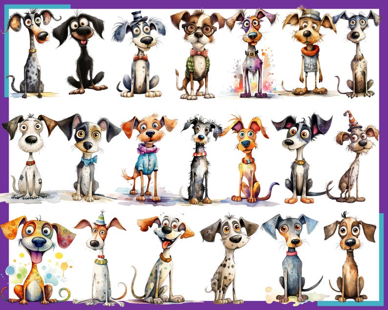 Op de afbeelding: Een verzameling van 20 cartoonhonden in verschillende poses en kleuren. De honden zijn allemaal getekend in een grillige stijl met overdreven kenmerken. Sommige honden dragen hoeden, vlinderdassen en andere accessoires.
