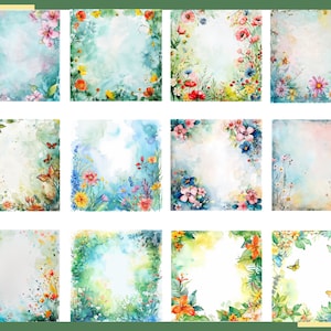 May include: Twelve watercolor floral frames with a white background. Each frame features a different arrangement of flowers and greenery, including roses, daisies, and butterflies.