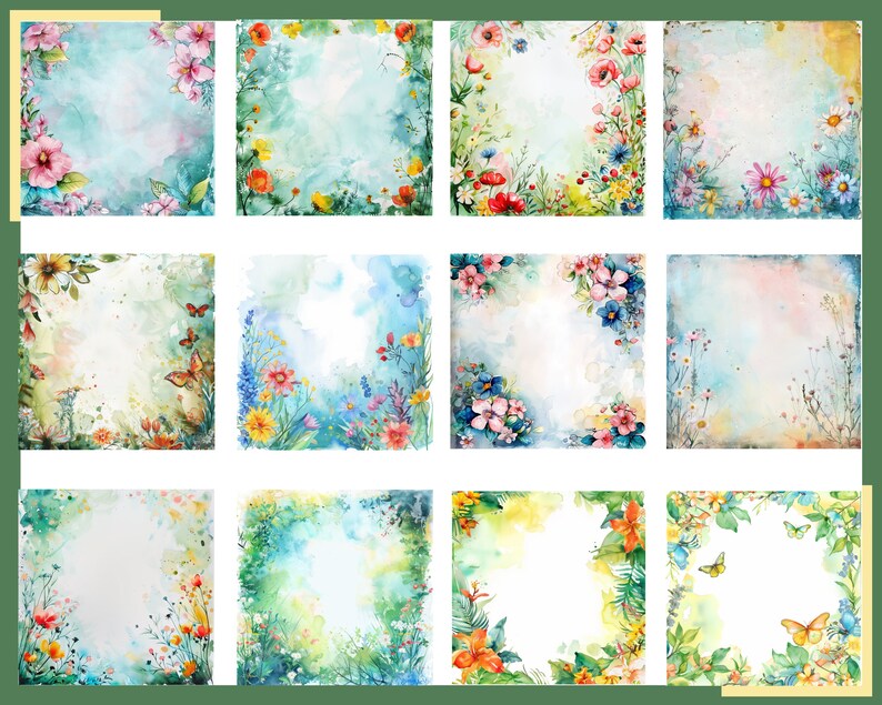 May include: Twelve watercolor floral frames with a white background. Each frame features a different arrangement of flowers and greenery, including roses, daisies, and butterflies.
