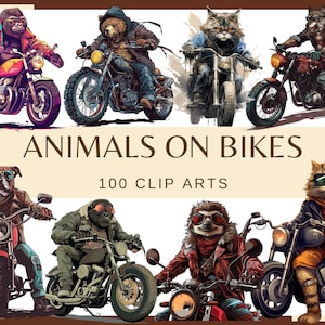 ANIMAIS NA BICICLETA - 100 clip arts (300 dpi, preguiça, guaxinim, tigre, leão, lobo, gorila, cachorro, urso, motocicleta, Harley Davidson, gato brutal)