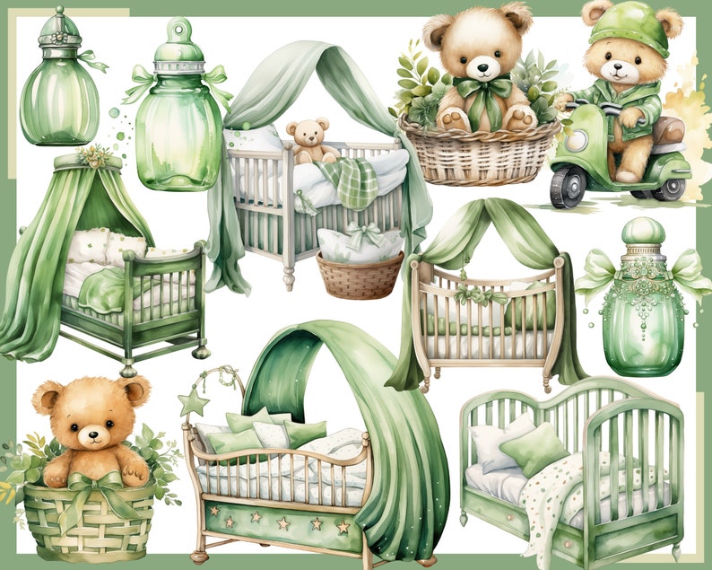 Green Teddy Bear Watercolor Clipart: 100 PNG Nursery Graphics ...