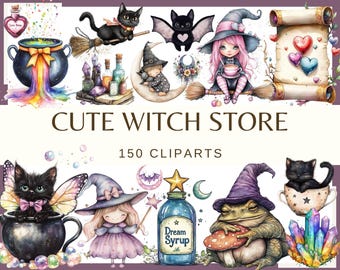 CUTE WITCH STORE - 150 clip arts 300 dpi Witch Store Magical Potion Shop png | Witchcraft Elements, Broom, Cauldron, Black Cat, Magic Art