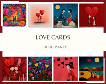 May include: A collection of eight colorful illustrations with a love theme. The images include couples, hearts, and floral designs. Text in the center reads "LOVE CARDS" and "80 CLIPARTS". The color palette includes red, blue, yellow, and pink.