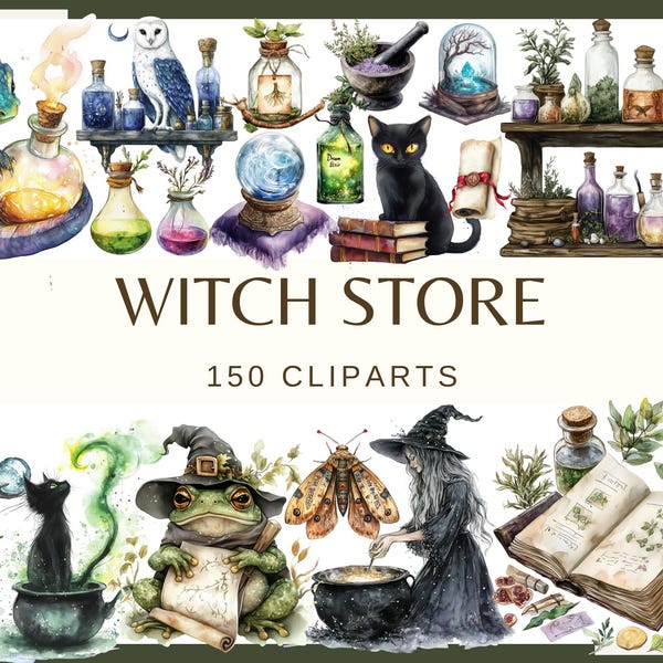 WITCH STORE - 150 clip arts 300 dpi Witch Store Magical Potion Shop PNG | Witchcraft Elements, Broom, Cauldron, Black Cat, Vintage Magic Art