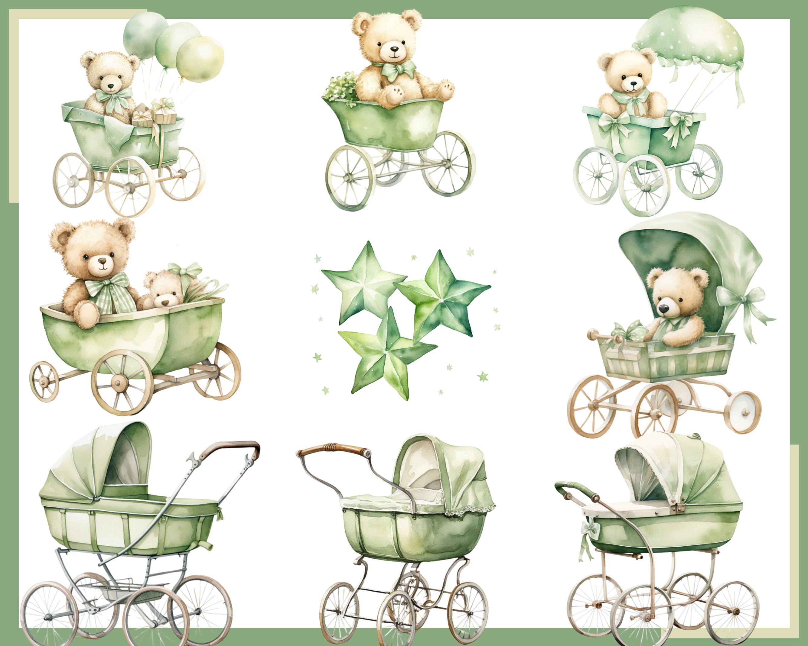 Green Teddy Bear Watercolor Clipart: 100 PNG Nursery Graphics ...
