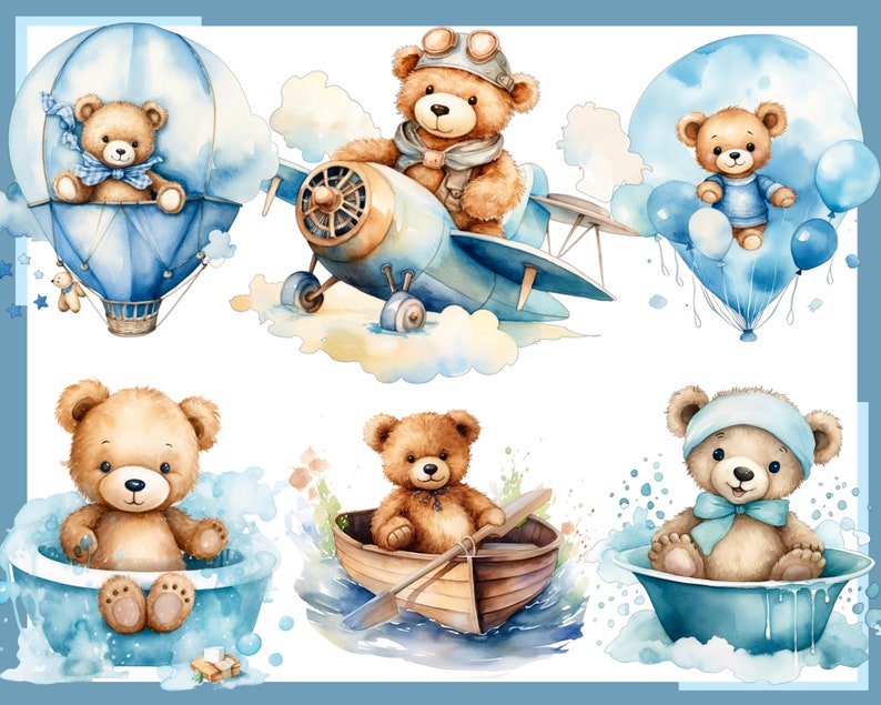 BLUE TEDDY BEAR. Baby shower for a boy, Nursery Decor 100 watercolor clip arts Transparent background, 300 dpi, commercial use png 画像 6