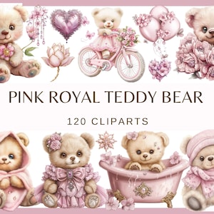 PINK royal TEDDY BEAR. Baby shower for a girl, Nursery Decor - 120 watercolor cliparts (babie shower gifts, 300 dpi baby clip art baby png)