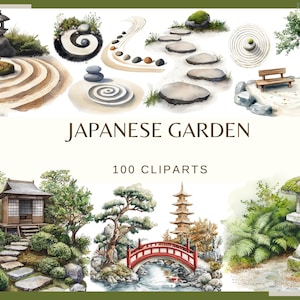 May include: Watercolor illustrations of Japanese garden elements, including stone lanterns, bridges, pagodas, and zen gardens. The text "JAPANESE GARDEN" and "100 CLIPARTS" are displayed.