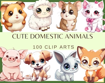 CUTE KAWAII Domestic ANIMALS - 100 clip arts (300 dpi, cute animals, baby animals, baby animals, png, commercial use, bundle, digital)