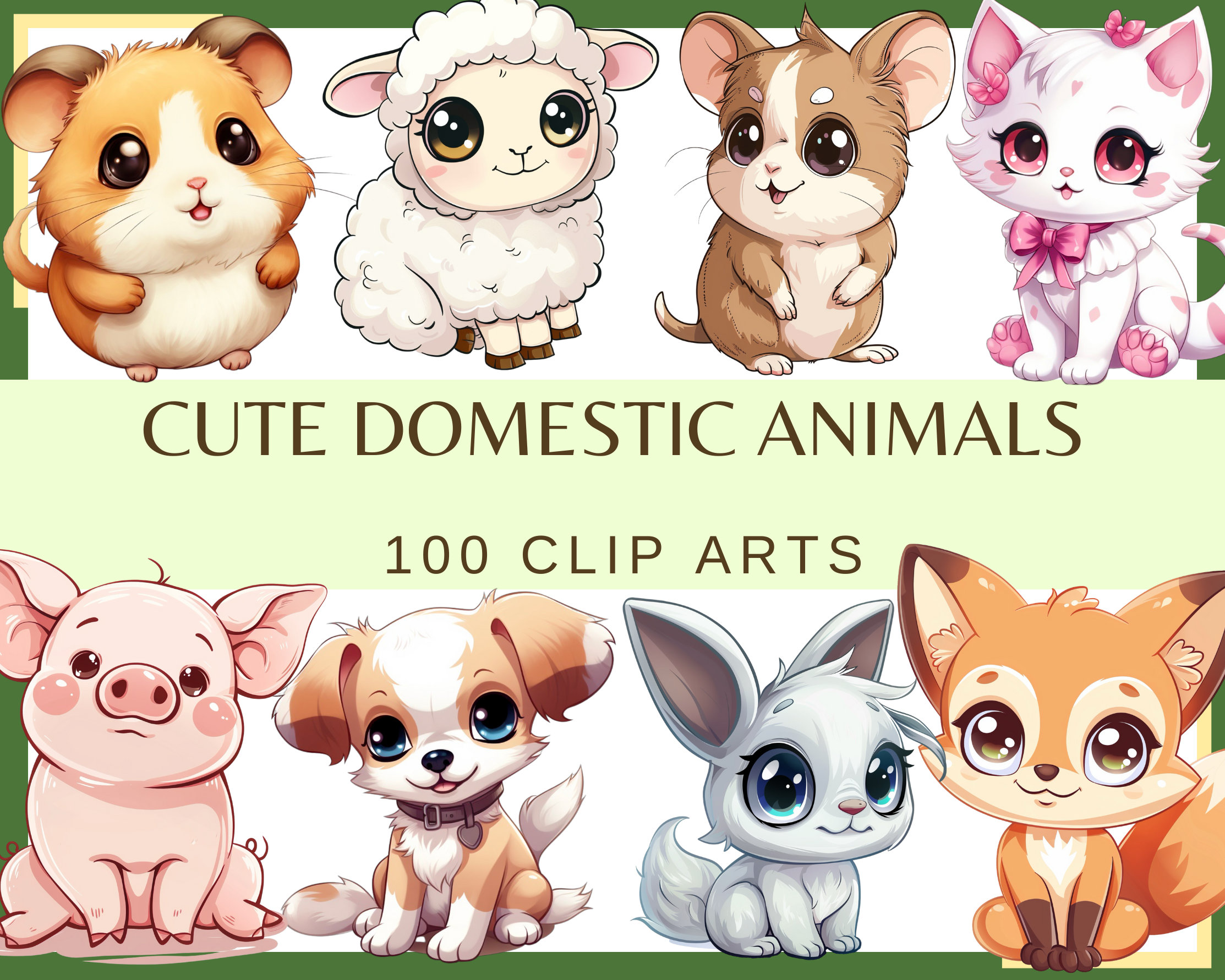 CUTE KAWAII Domestic ANIMALS - 100 Clip Arts (300 Dpi, Cute Animals ...