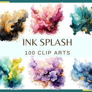 INKT aquarel kleur splash illustraties - 100 clip arts (300 dpi, esoterisch, png, verfspattenpatroon, alcoholinktspatten, abstract, mysterie)