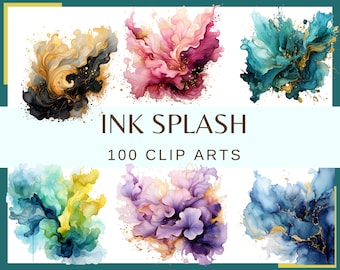 Watercolor Ink Splash Clip Art: Abstract PNG Graphics (300 DPI)