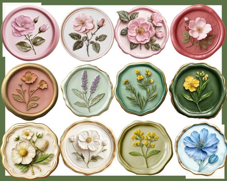 Puede incluir: Una colecci&oacute;n de doce sellos de cera decorativos con dise&ntilde;os florales. Los sellos muestran varias flores, incluyendo rosas, lavanda y margaritas, en tonos de rosa, amarillo y azul. Cada sello tiene una forma y color &uacute;nicos, con bordes dorados o blancos.