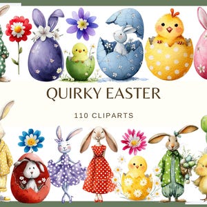 Puede incluir: Ilustraciones en acuarela con temática de Pascua. La imagen presenta conejos, pollitos, huevos decorados y flores. El texto dice "Quirky Easter" y "110 Cliparts". El estilo es caprichoso y colorido, ideal para la primavera.