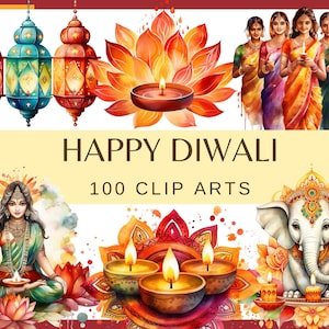 HAPPY DIWALI - 100 clip arts (Watercolor Diwali Clipart, Diya, Rangoli, Ganesha, Lakshmi, Dhanteras, mandala, diwali Fireworks 300 dpi, png)