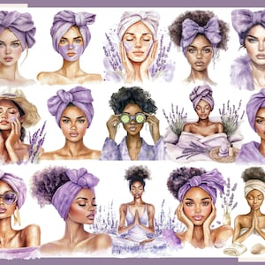 May include: Watercolor illustrations of women in various spa-like settings. The women are depicted with lavender-colored head wraps and towels, some with face masks and cucumber slices. The artwork features a soft, pastel color palette with lavender and purple hues.