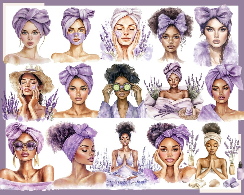 May include: Watercolor illustrations of women in various spa-like settings. The women are depicted with lavender-colored head wraps and towels, some with face masks and cucumber slices. The artwork features a soft, pastel color palette with lavender and purple hues.