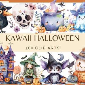 KAWAII HALLOWEEN - 100 Clip-Arts (300 dpi, Hexe, Geist, Spinne, Zombie-Spooky, Schwarze Katze, Süßes oder Saures Clipart, Spukhaus, Kessel)