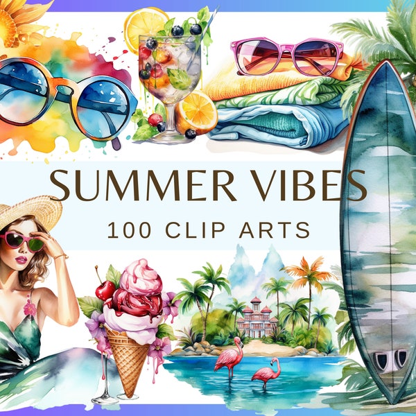 SUMMER VIBES - 100 Clip-Arts (300 dpi, surfen, kommerzielle Nutzung, Bundle, digital, Sealife, png, Urlaub, Malediven, Swing, Cocktail)