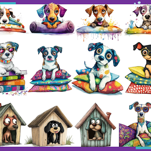 Op de afbeelding: Een digitale illustratie van tien verschillende honden in verschillende poses. Elke hond draagt een andere outfit en is omringd door kleurrijke kussens, dekens en andere objecten. De honden lachen allemaal en lijken gelukkig te zijn.
