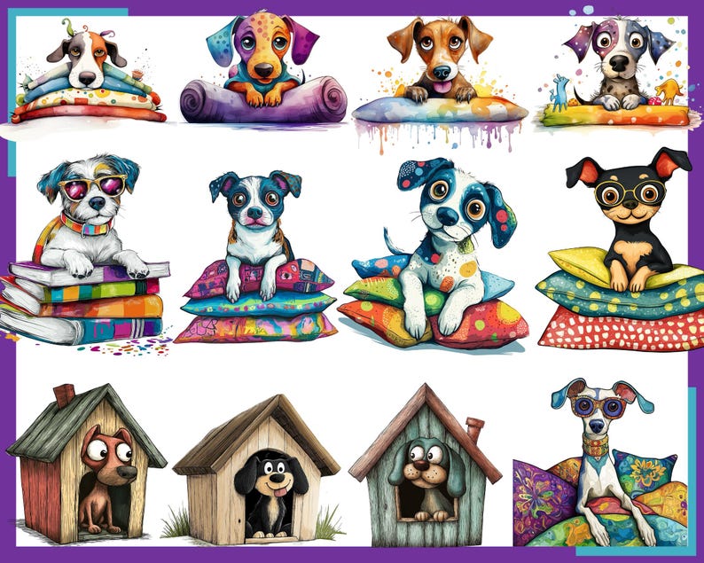 Op de afbeelding: Een digitale illustratie van tien verschillende honden in verschillende poses. Elke hond draagt een andere outfit en is omringd door kleurrijke kussens, dekens en andere objecten. De honden lachen allemaal en lijken gelukkig te zijn.