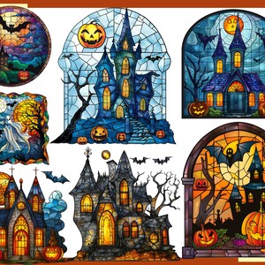 May include: A set of eight stained glass style illustrations featuring Halloween themes. The illustrations depict haunted houses, bats, pumpkins, ghosts, and a full moon.