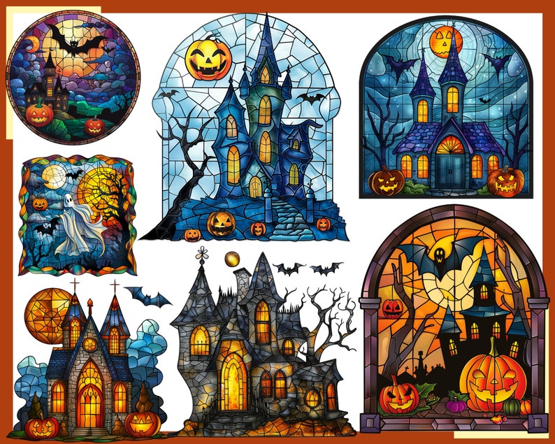 May include: A set of eight stained glass style illustrations featuring Halloween themes. The illustrations depict haunted houses, bats, pumpkins, ghosts, and a full moon.