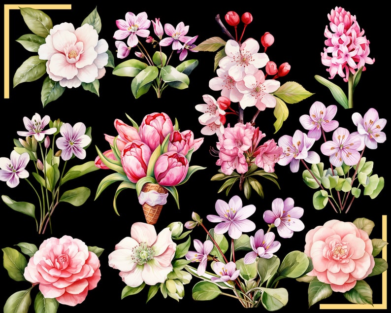 SPRING FLOWERS 100 clip arts 300 dpi, floral, nature, garden, pussy willow flower, crocus, tulip, daffodil, hyacinth magnolia bundle png image 2