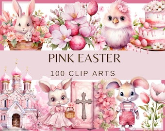Pink Easter Watercolor Clipart: 100 PNG Graphics (Commercial Use)