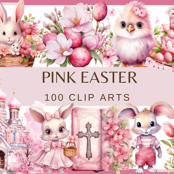 PINK EASTER - 100 watercolor clip arts (Transparent background, 300 dpi spring Easter Digital Paper, Spring Holiday, png commercial use))